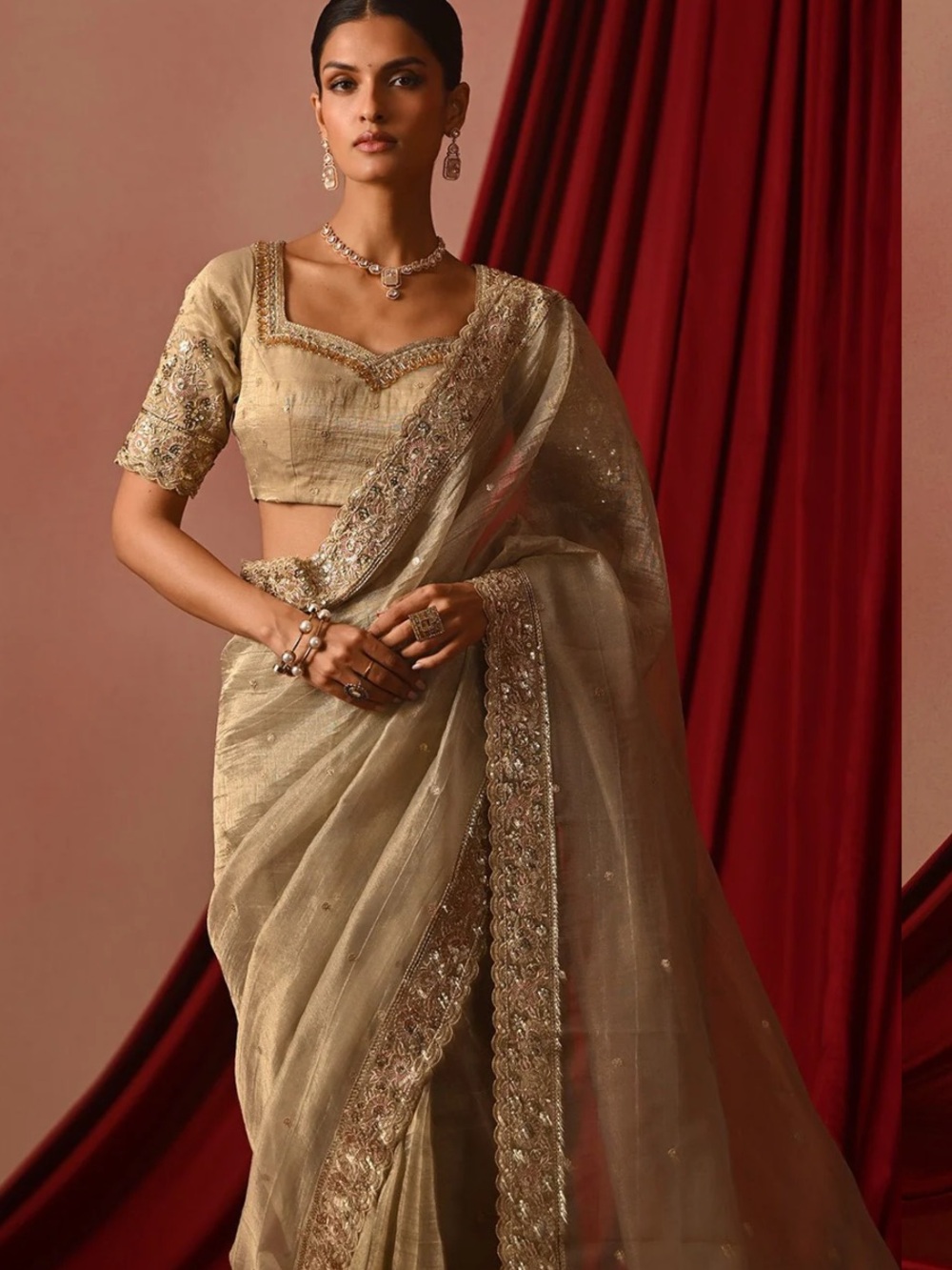 Golden Cream Embroidered Saree - Elegant Women's Saree
